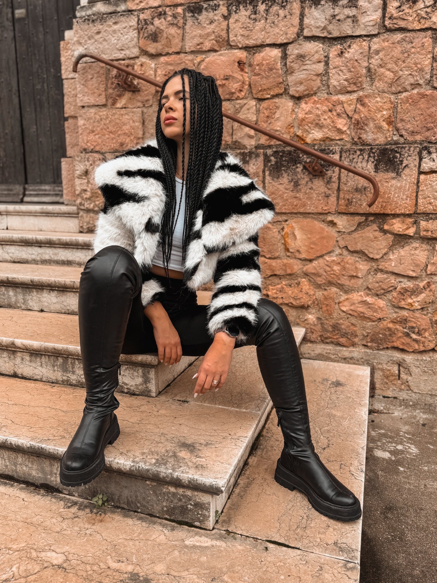 Veste en fourrure synthétique Lana noir&crème